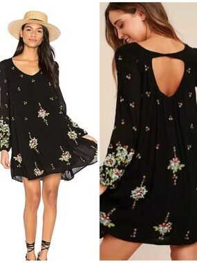 Free People Oxford Floral Mini Dress Floral Embroidered Boho size Small Black